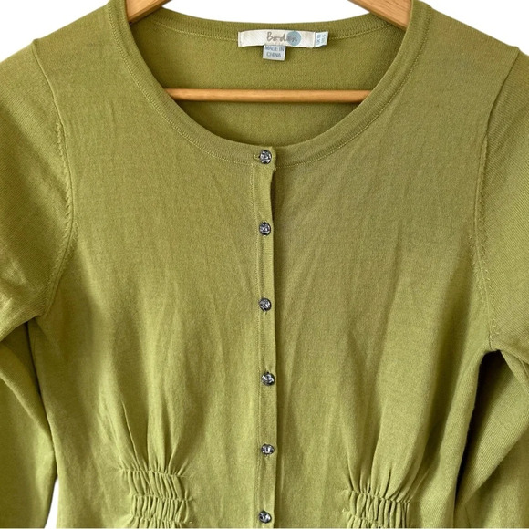 Y2K Boden Women's Chartreuse Lime Green Ruching Button Front 100% Wool Cardigan - Picture 3 of 7